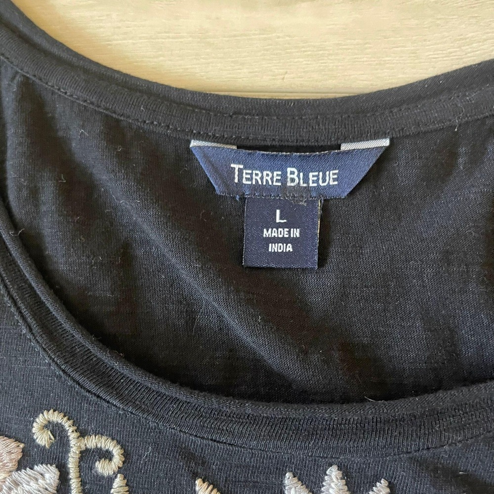 Terre Bleue Black Embroidered‎ Tunic Dress Short Sleeve Size L - Picture 4 of 8
